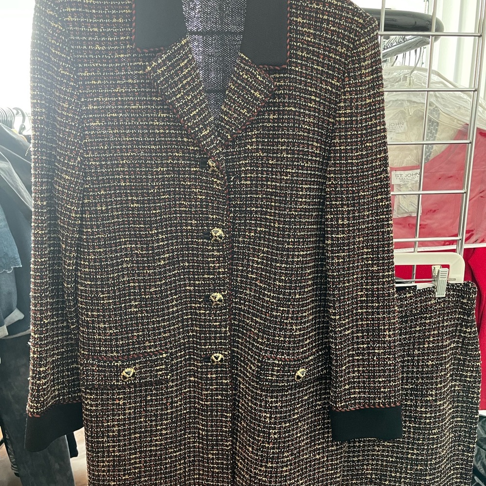 St. John Collection Black and Brown Tweed Blazer Skirt Set